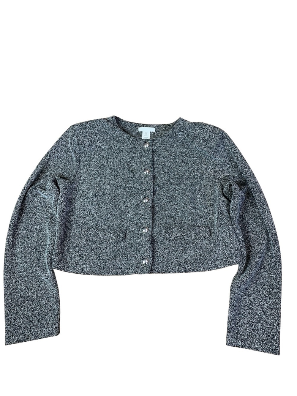 H&M Divided Cropped Tweed Style Button Up Jacket Black White Size Small